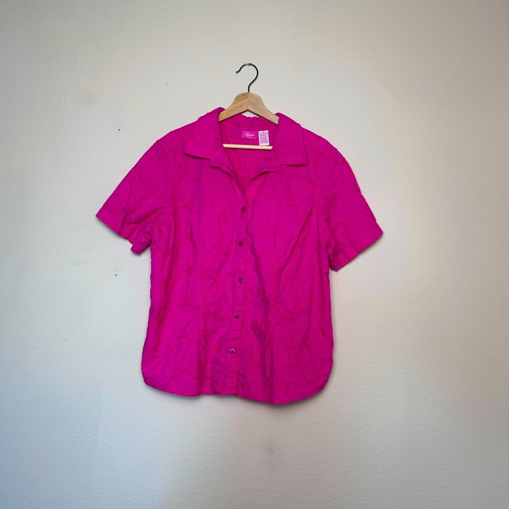 Vibrant Pink Embroidered Short Sleeve Button Down Casual Size Large Extra Large